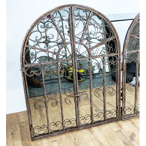 332 - ARCHITECTURAL WALL MIRRORS, a pair, gated design, aged metal frames, 88.5cm x 69cm. (2)