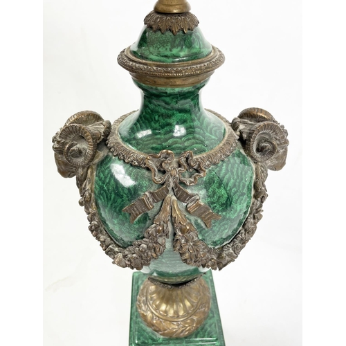 24 - URN LAMP, Neo-Classical style faux malachite with rams head mounts and classical figural cartouches,... 