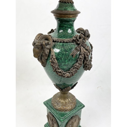 24 - URN LAMP, Neo-Classical style faux malachite with rams head mounts and classical figural cartouches,... 