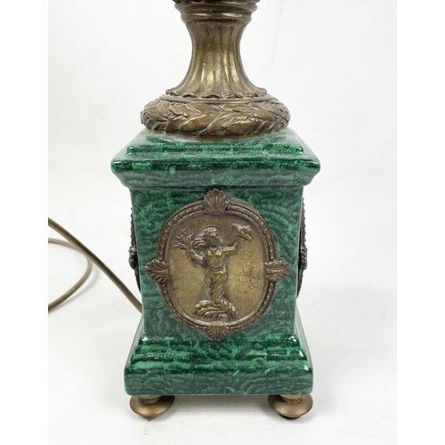 24 - URN LAMP, Neo-Classical style faux malachite with rams head mounts and classical figural cartouches,... 