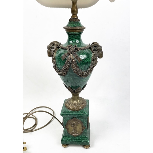 24 - URN LAMP, Neo-Classical style faux malachite with rams head mounts and classical figural cartouches,... 