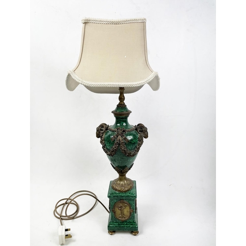 24 - URN LAMP, Neo-Classical style faux malachite with rams head mounts and classical figural cartouches,... 