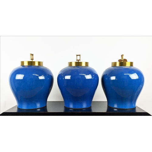 491 - PAOLO MOSCHINO MELROSE JARS, a set of three, turquoise glazed ceramic, gilt metal covers, 40cm H. (3... 