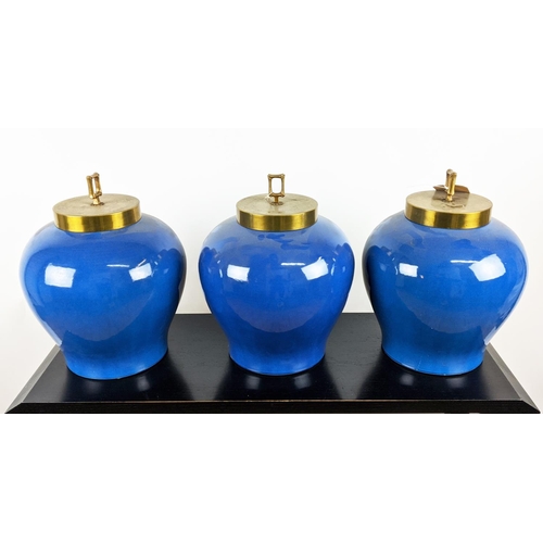 491 - PAOLO MOSCHINO MELROSE JARS, a set of three, turquoise glazed ceramic, gilt metal covers, 40cm H. (3... 