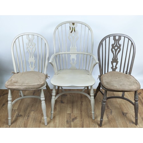 496 - CHALON WINDSOR CARVER CHAIRS, a pair, and eight others in differing shades of paint finish, largest ... 