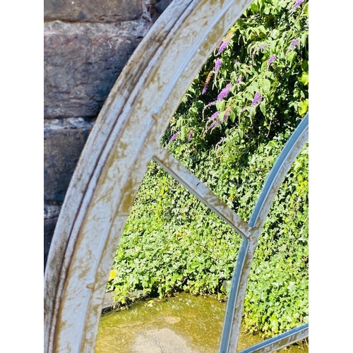 512 - ARCHITECTURAL GARDEN MIRRORS, set of three, 160cm high, 67cm wide, Gothic style with overlaid glazin... 