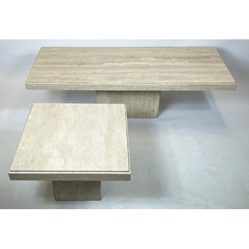 329 - TRAVERTINE LOW TABLE, Italian rectangular travertine marble top on a plinth base by Stone Internatio... 