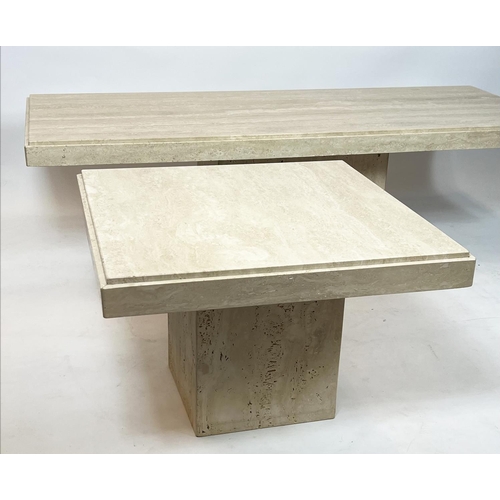 329 - TRAVERTINE LOW TABLE, Italian rectangular travertine marble top on a plinth base by Stone Internatio... 