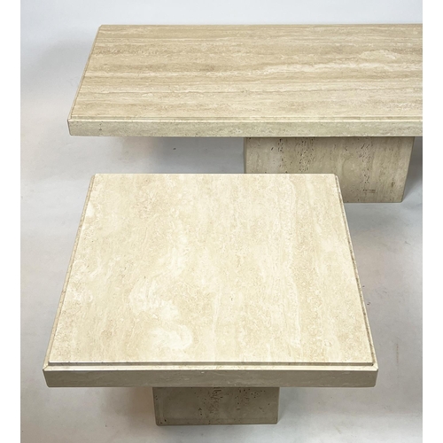 329 - TRAVERTINE LOW TABLE, Italian rectangular travertine marble top on a plinth base by Stone Internatio... 