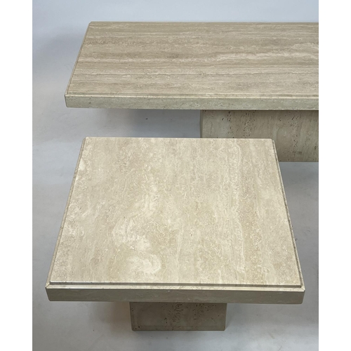 329 - TRAVERTINE LOW TABLE, Italian rectangular travertine marble top on a plinth base by Stone Internatio... 