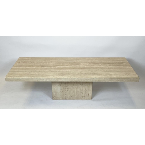 329 - TRAVERTINE LOW TABLE, Italian rectangular travertine marble top on a plinth base by Stone Internatio... 