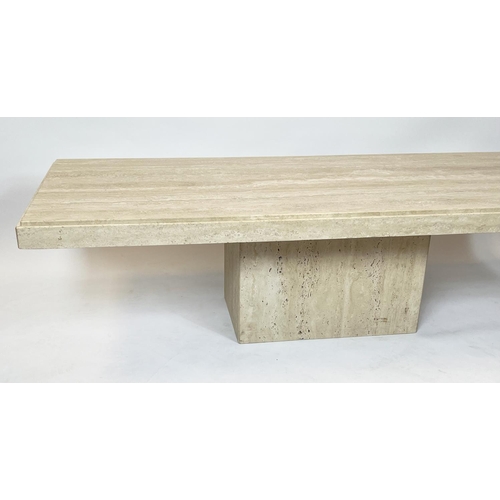 329 - TRAVERTINE LOW TABLE, Italian rectangular travertine marble top on a plinth base by Stone Internatio... 