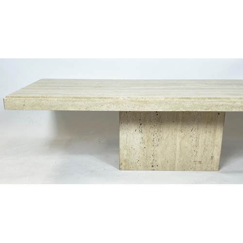 329 - TRAVERTINE LOW TABLE, Italian rectangular travertine marble top on a plinth base by Stone Internatio... 