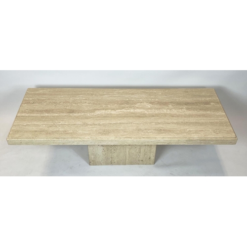 329 - TRAVERTINE LOW TABLE, Italian rectangular travertine marble top on a plinth base by Stone Internatio... 