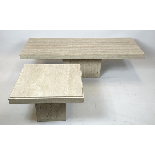 329 - TRAVERTINE LOW TABLE, Italian rectangular travertine marble top on a plinth base by Stone Internatio... 