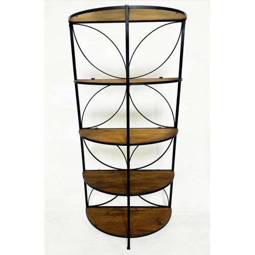 327 - ETAGERE, 170cm H x 42cm D x 80cm W, vintage style semi-circular, with five shelves, on arched and ci... 