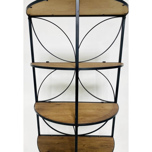 327 - ETAGERE, 170cm H x 42cm D x 80cm W, vintage style semi-circular, with five shelves, on arched and ci... 