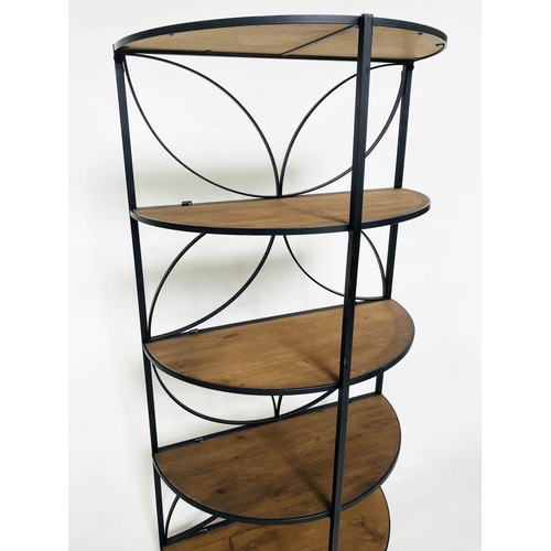 327 - ETAGERE, 170cm H x 42cm D x 80cm W, vintage style semi-circular, with five shelves, on arched and ci... 