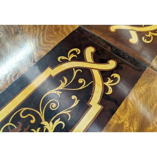 321 - EXTENDABLE DINING TABLE, Victorian style walnut with inlay decoration, four leaves on reeded support... 