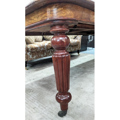 321 - EXTENDABLE DINING TABLE, Victorian style walnut with inlay decoration, four leaves on reeded support... 