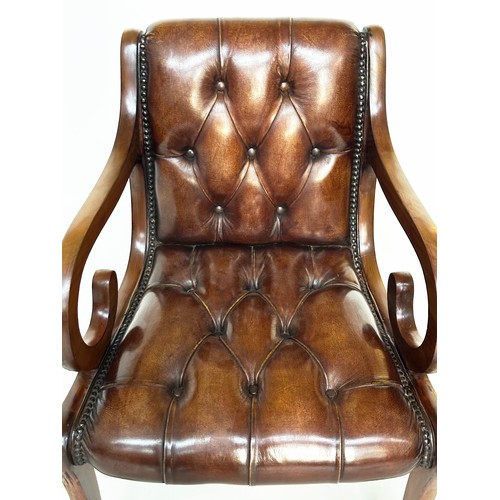 121A - ARMCHAIRS, a pair, Regency style mahogany with buttoned mid brown leather upholstery and scroll arms... 