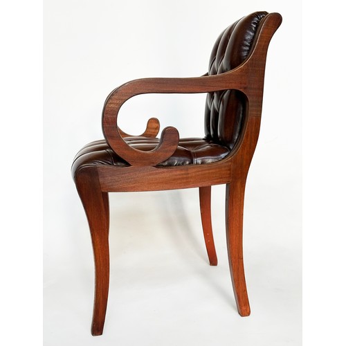 121A - ARMCHAIRS, a pair, Regency style mahogany with buttoned mid brown leather upholstery and scroll arms... 