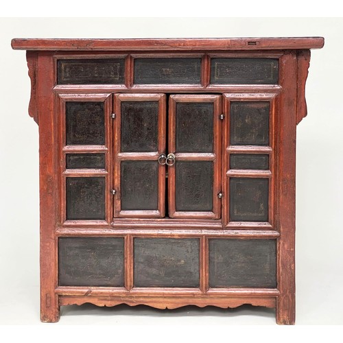 161 - CHINESE CABINET, 19th century scarlet firwood framed enclosing faint gilt decorated black lacquer pa... 