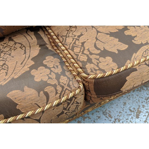 133 - SOFA, 103cm x 91cm H x 210cm, in a Damask fabric with carved showframe and gilt detail.