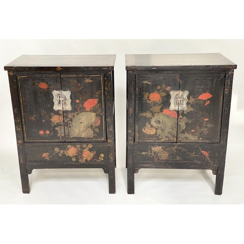 173 - CHINESE CABINETS, a pair, early 20th century black lacquered and gilt Chinoiserie decorated each wit... 