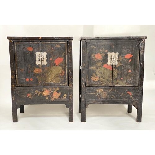 173 - CHINESE CABINETS, a pair, early 20th century black lacquered and gilt Chinoiserie decorated each wit... 