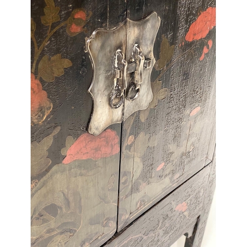 173 - CHINESE CABINETS, a pair, early 20th century black lacquered and gilt Chinoiserie decorated each wit... 