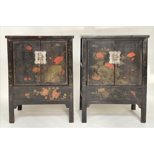 173 - CHINESE CABINETS, a pair, early 20th century black lacquered and gilt Chinoiserie decorated each wit... 