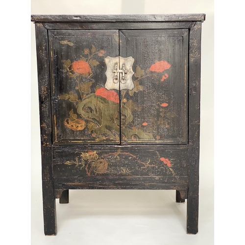 173 - CHINESE CABINETS, a pair, early 20th century black lacquered and gilt Chinoiserie decorated each wit... 