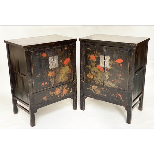 173 - CHINESE CABINETS, a pair, early 20th century black lacquered and gilt Chinoiserie decorated each wit... 