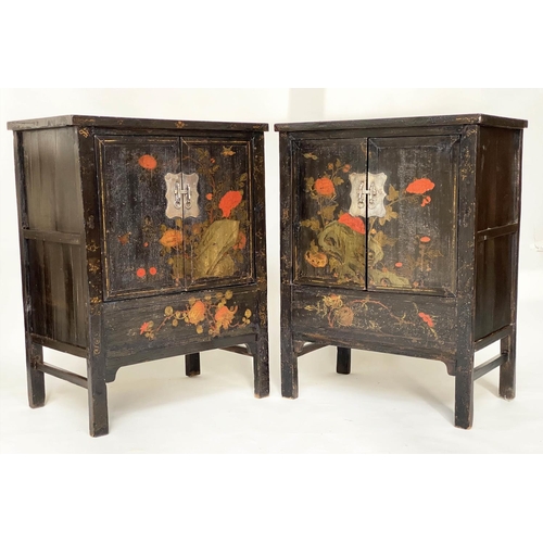 173 - CHINESE CABINETS, a pair, early 20th century black lacquered and gilt Chinoiserie decorated each wit... 