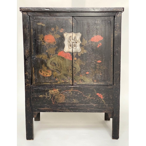 173 - CHINESE CABINETS, a pair, early 20th century black lacquered and gilt Chinoiserie decorated each wit... 