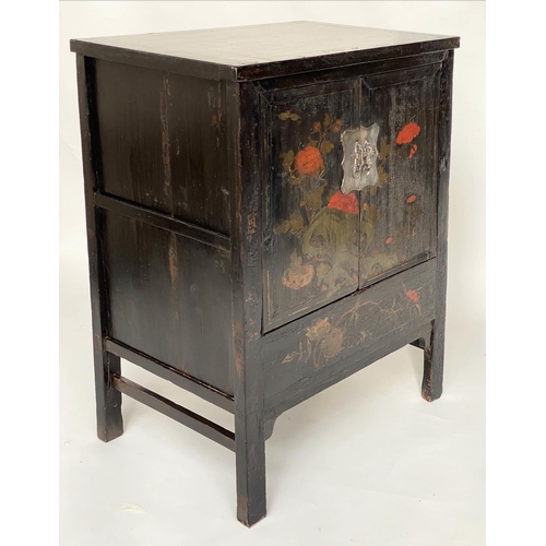 173 - CHINESE CABINETS, a pair, early 20th century black lacquered and gilt Chinoiserie decorated each wit... 