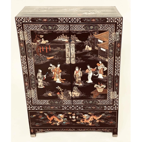 174 - CHINESE CABINET, early 20th century, black lacquered and silvered metal mounted with polychrome Chin... 