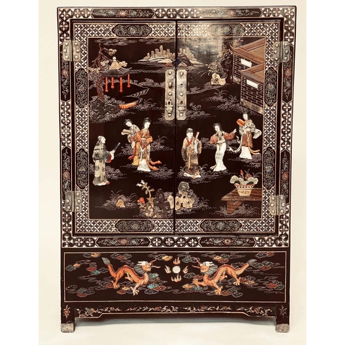 174 - CHINESE CABINET, early 20th century, black lacquered and silvered metal mounted with polychrome Chin... 