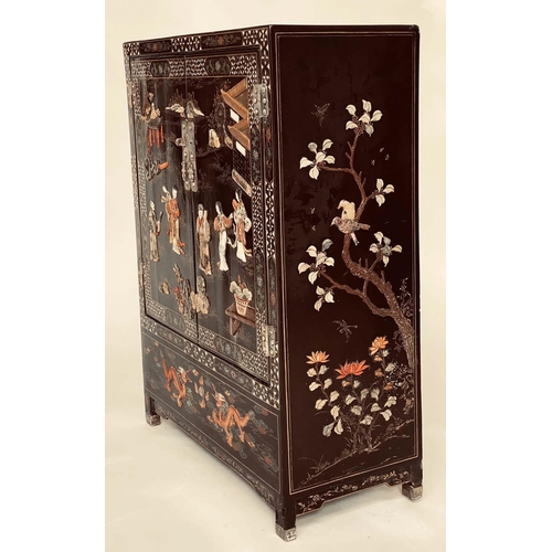 174 - CHINESE CABINET, early 20th century, black lacquered and silvered metal mounted with polychrome Chin... 