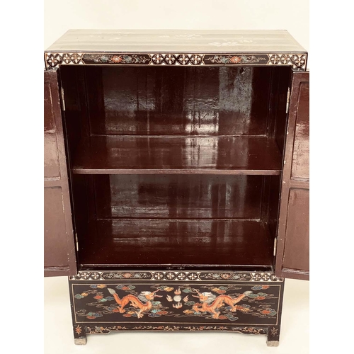 174 - CHINESE CABINET, early 20th century, black lacquered and silvered metal mounted with polychrome Chin... 