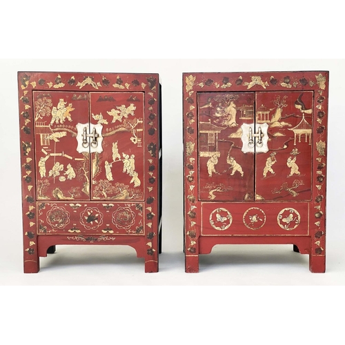 175 - CHINESE CABINETS, a pair, early 20th century scarlet lacquered Chinoiserie gilt decorated and silver... 