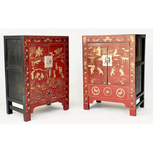 175 - CHINESE CABINETS, a pair, early 20th century scarlet lacquered Chinoiserie gilt decorated and silver... 