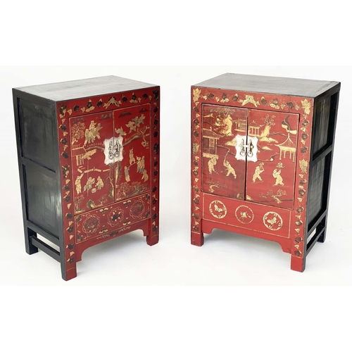 175 - CHINESE CABINETS, a pair, early 20th century scarlet lacquered Chinoiserie gilt decorated and silver... 