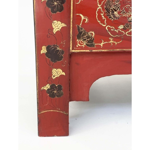 175 - CHINESE CABINETS, a pair, early 20th century scarlet lacquered Chinoiserie gilt decorated and silver... 