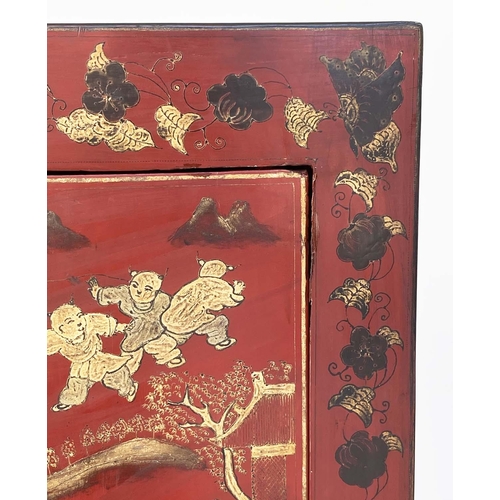 175 - CHINESE CABINETS, a pair, early 20th century scarlet lacquered Chinoiserie gilt decorated and silver... 