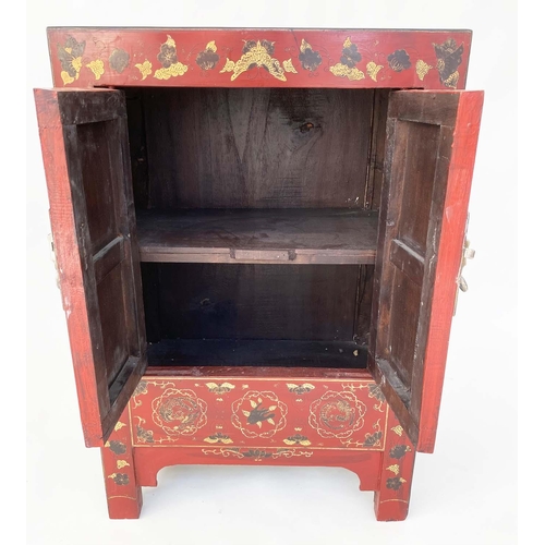 175 - CHINESE CABINETS, a pair, early 20th century scarlet lacquered Chinoiserie gilt decorated and silver... 