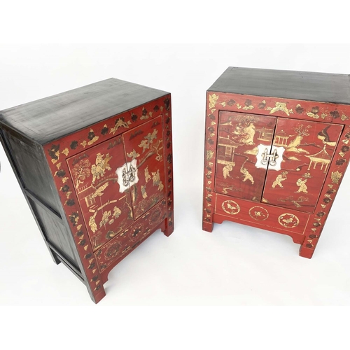 175 - CHINESE CABINETS, a pair, early 20th century scarlet lacquered Chinoiserie gilt decorated and silver... 