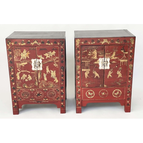 175 - CHINESE CABINETS, a pair, early 20th century scarlet lacquered Chinoiserie gilt decorated and silver... 