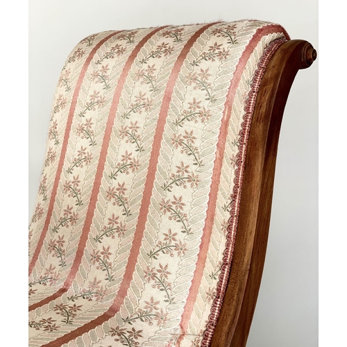 190 - SLIPPER CHAIR, Victorian walnut with woven stripe upholstery and turned front supports, 48cm W.